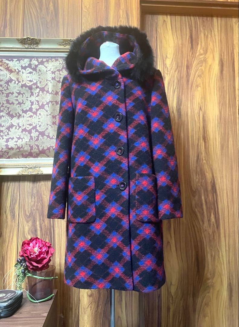 バルマン　定価約7万　チェック柄　フード付きロングコート未使用♡