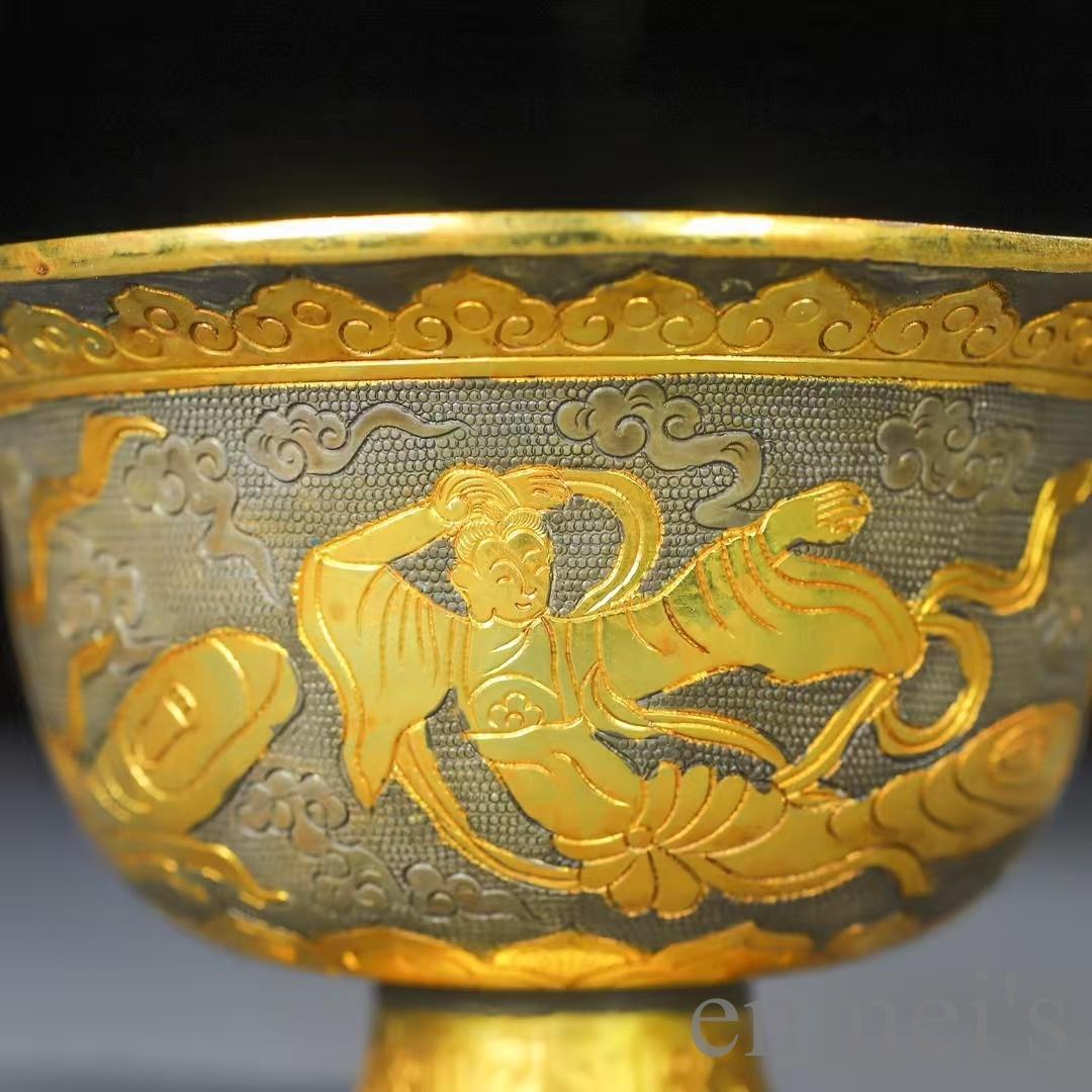 中国古美術 鍍金銅碗 鏨刻手工 酒器 茶器 細密細工 置物 古賞物 古擺件 唐物
