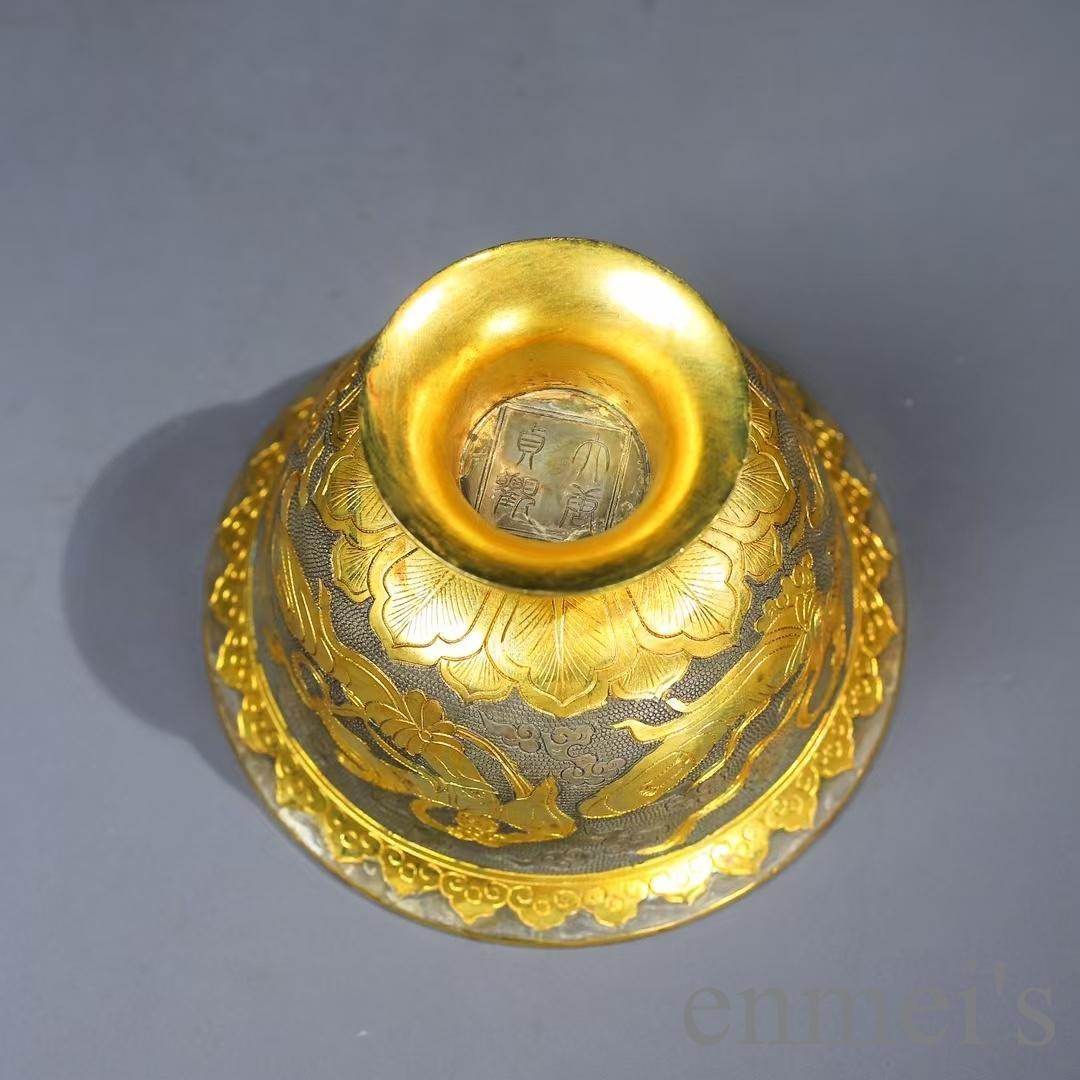 中国古美術 鍍金銅碗 鏨刻手工 酒器 茶器 細密細工 置物 古賞物 古擺件 唐物