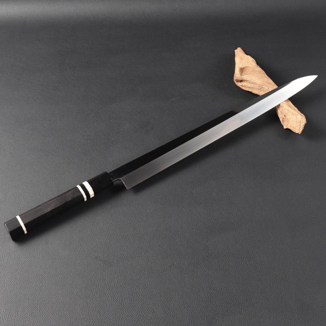 10864柳刃包丁 尺三 鏡面仕上げ 刃は究極の切れ味 黒檀黒水牛白三本巻八角柄