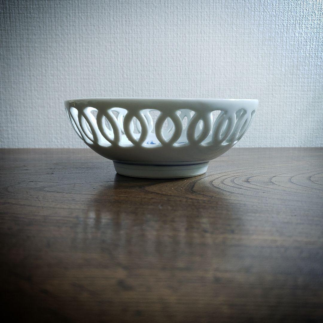 皿　菓子器　透かし　染付　鶉　輪繋鉢　藍柿右衛門　古伊万里