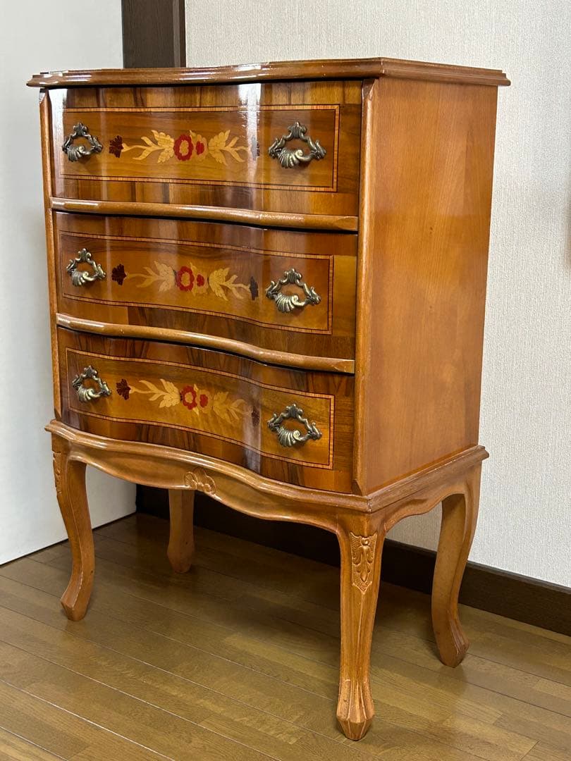 イタリア製3段チェスト 象嵌 猫脚 アンティーク