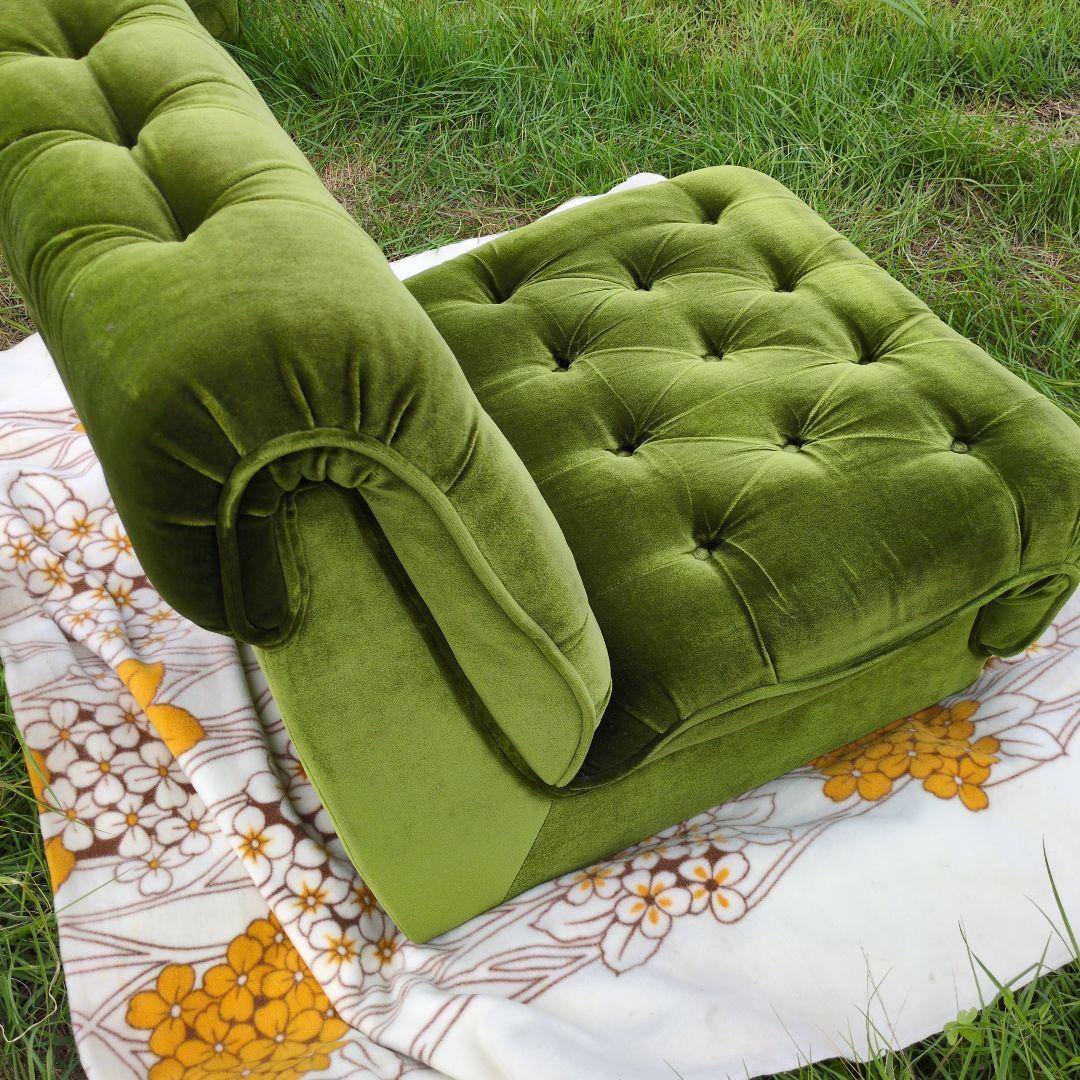 昭和レトロ オールド カリモク グリーン モケット 1人掛け ソファ④ベルベット