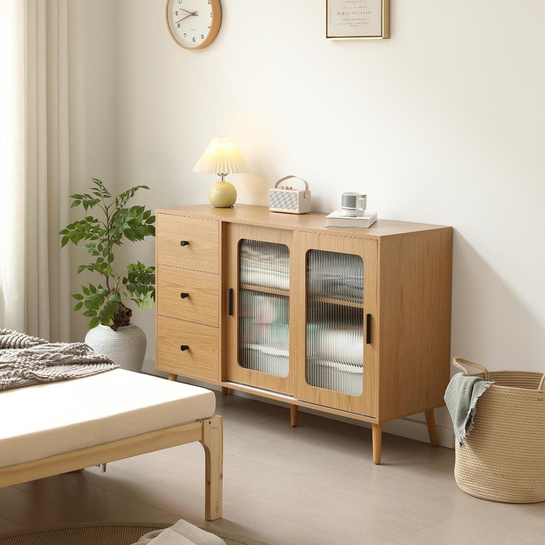 タイムセール！新作のキャビネット　引き出し付き　食器棚　扉付き　NATURAL