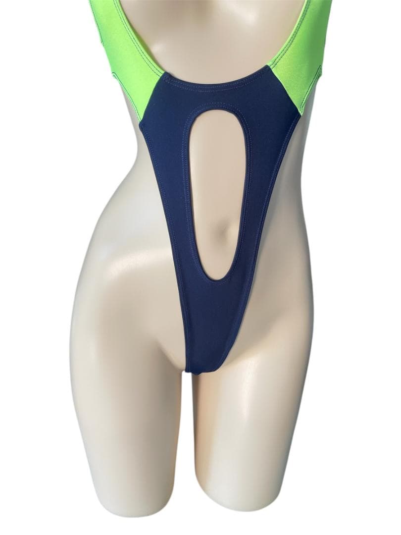 レオタード　ハイレグ　穴あき　蛍光イエロー×ネイビー