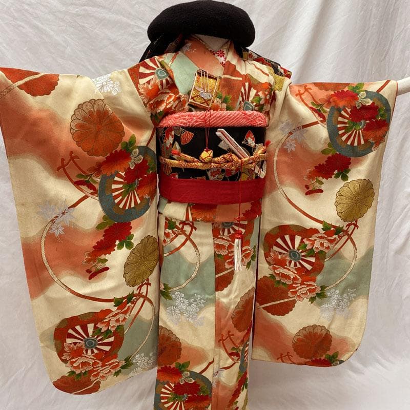 510ag71◎七五三 七歳 女児 アンティーク着物&袋帯&長襦袢 総柄 白◎