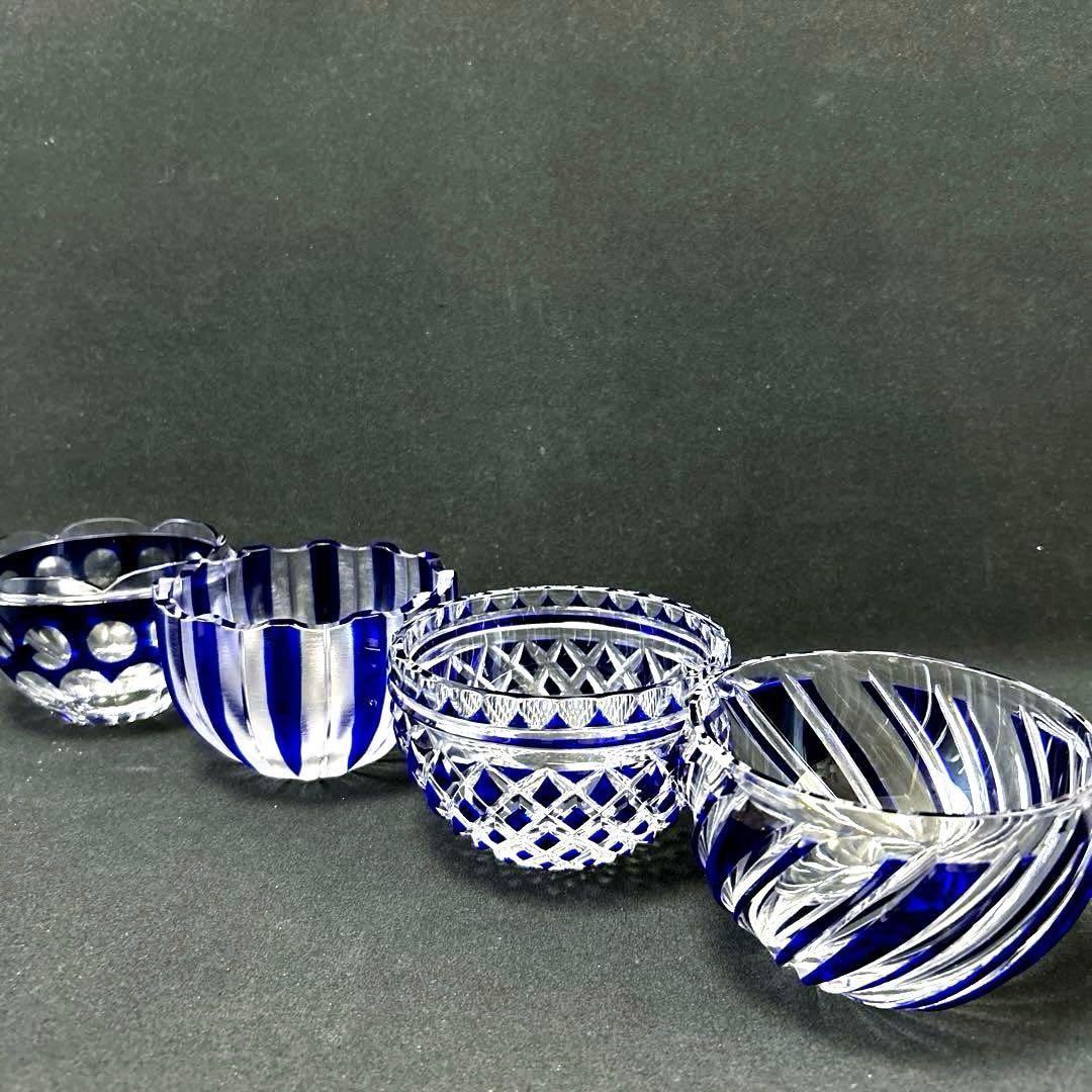 ・HOYA ホヤ クリスタル 瑠璃切子小付　セット　小鉢　4点