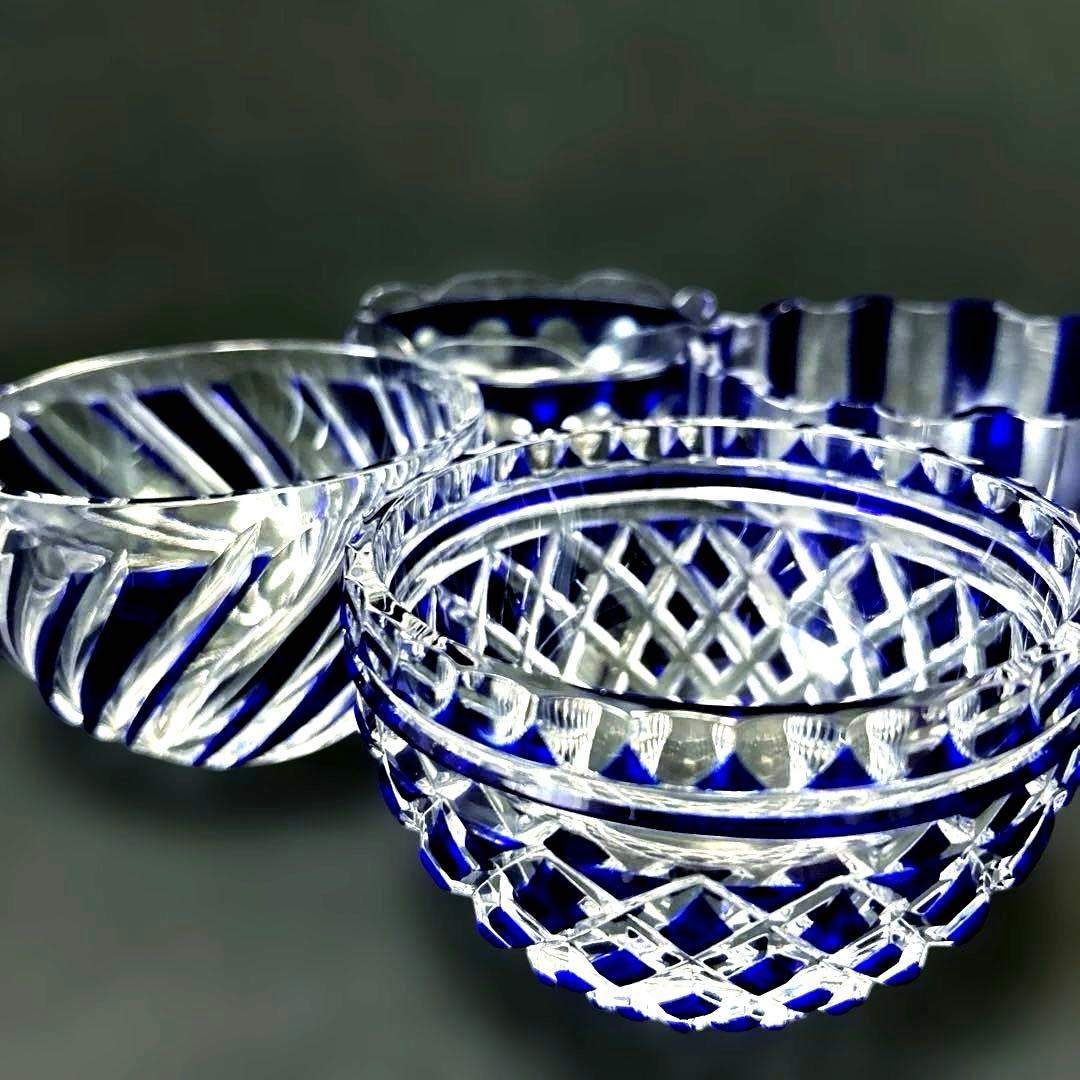 ・HOYA ホヤ クリスタル 瑠璃切子小付　セット　小鉢　4点