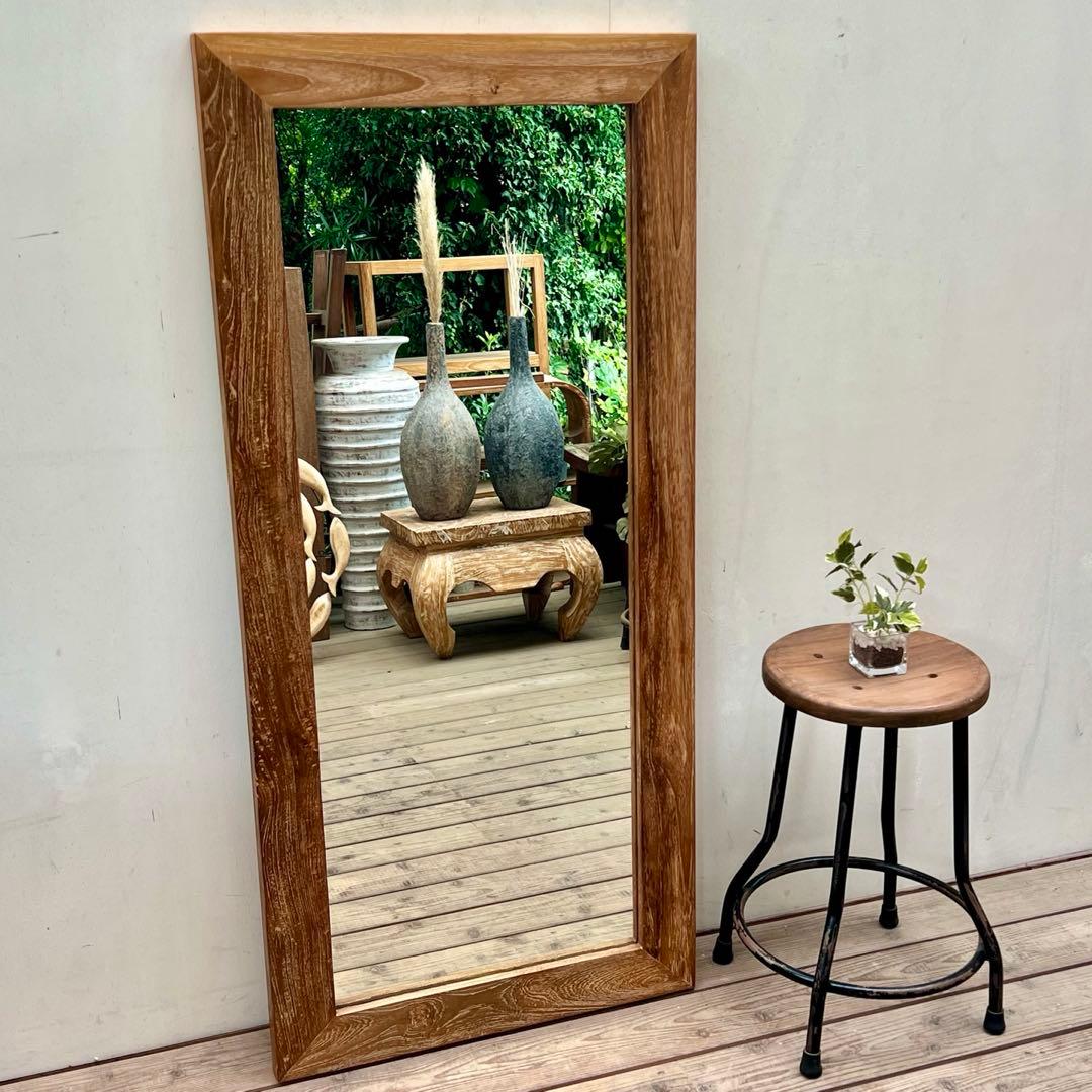 オールドチークの姿見鏡 130cm × 60cm 縦横 全身ミラー 木製フレーム