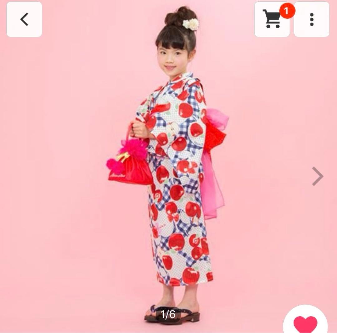 メゾピアノ りんご柄　リンゴ柄　浴衣　セパレート　2way 130 紺色