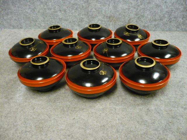 朱塗 沈金 月夜に舟図 吸物椀 10個 [B31538]