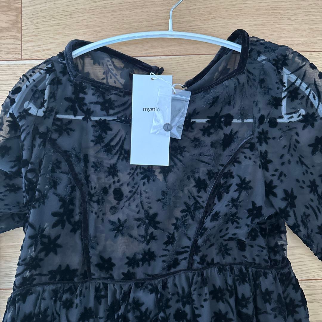 mystic ブラック 花柄ベロアワンピース