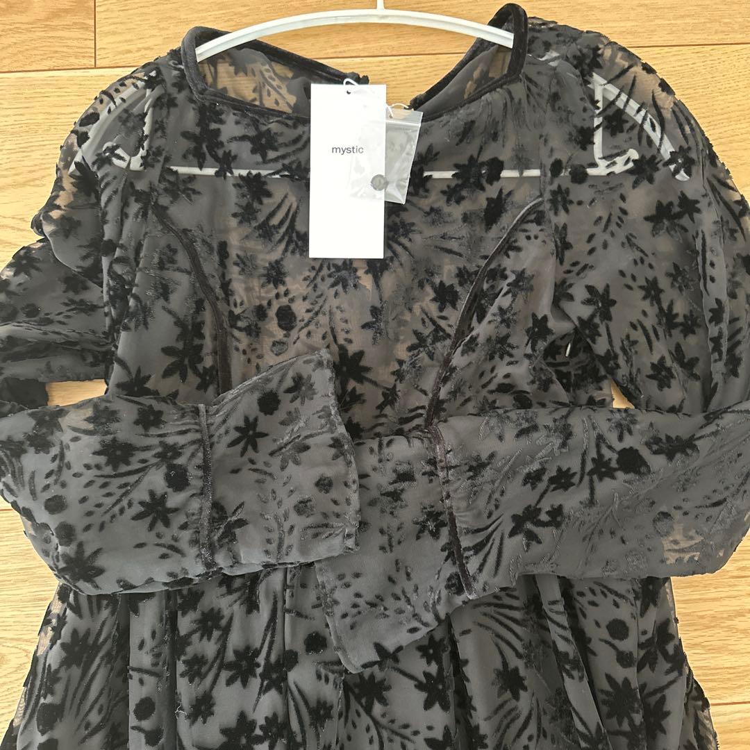 mystic ブラック 花柄ベロアワンピース