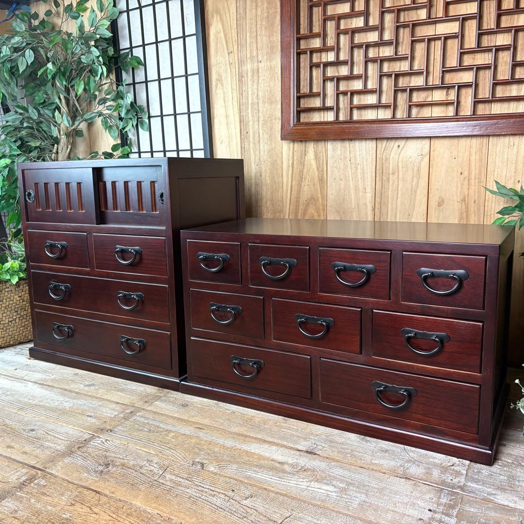 民芸家具桐無垢多引き出しチェスト二点セット木製多収納飾り棚工具棚裁縫棚箪笥タンス