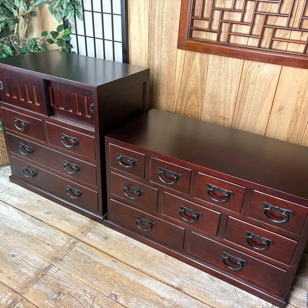 民芸家具桐無垢多引き出しチェスト二点セット木製多収納飾り棚工具棚裁縫棚箪笥タンス