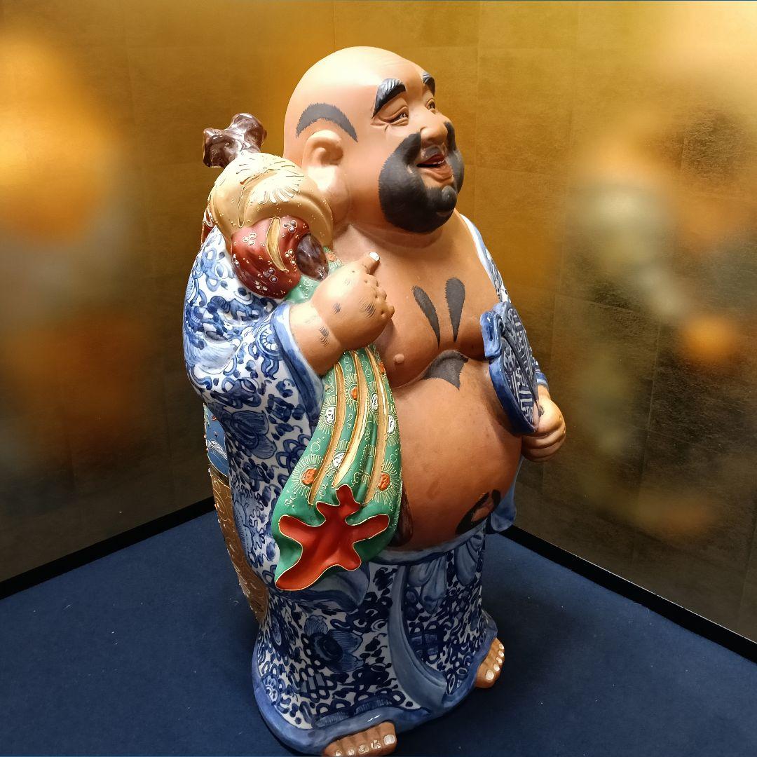 AO18 九谷焼 八幡窯 布袋 色絵 金彩 染付 七福神 縁起物 高さ58cm