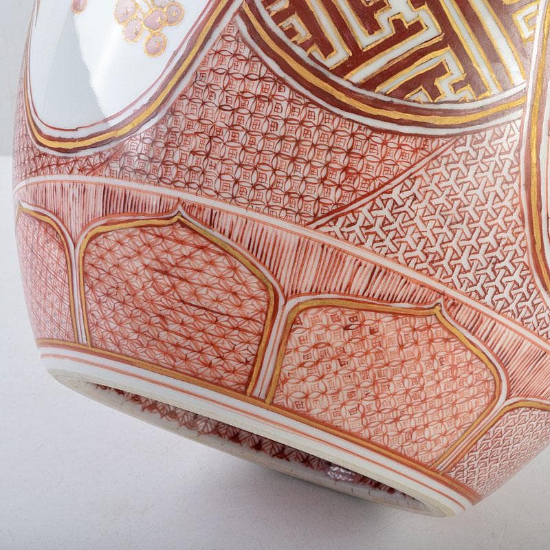 九谷焼　北山堂　赤絵金彩　瑞果文　花瓶　共箱　F　R9158B