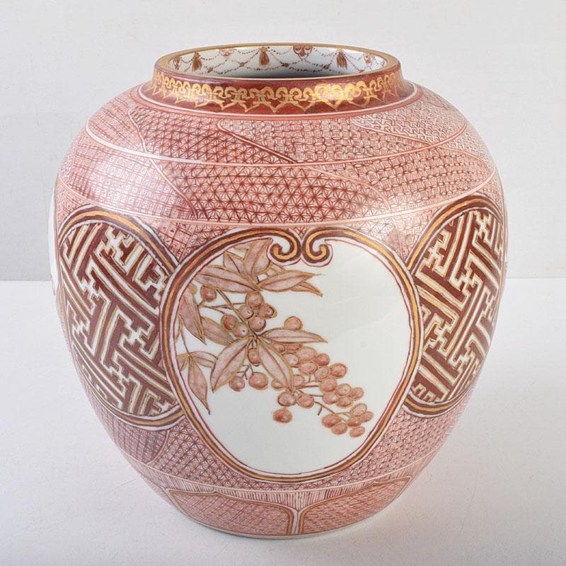 九谷焼　北山堂　赤絵金彩　瑞果文　花瓶　共箱　F　R9158B