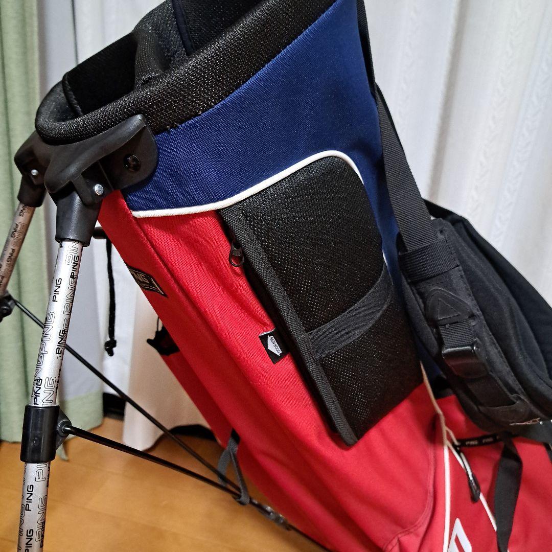 ピンスタンド式キャディバッグ-希少フード内蔵型、美品！レンチはオマケ。