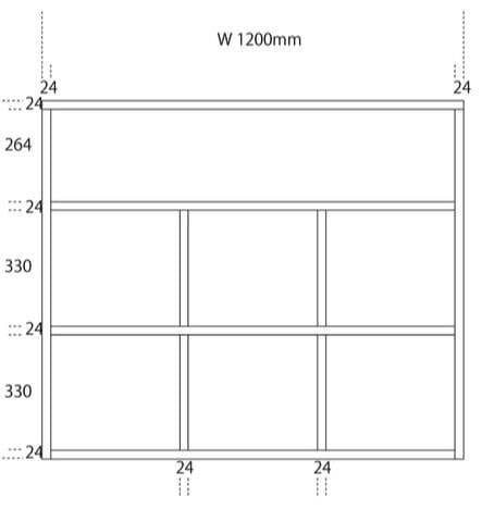 木製（杉、無垢材）ラック 幅1200mm 6つの収納