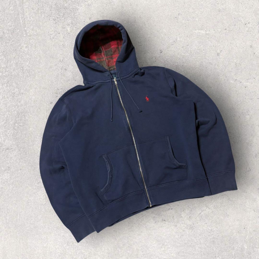 【ポロラルフローレン】ジップパーカー　ネイビー　XL 裏地サーマル　90s p