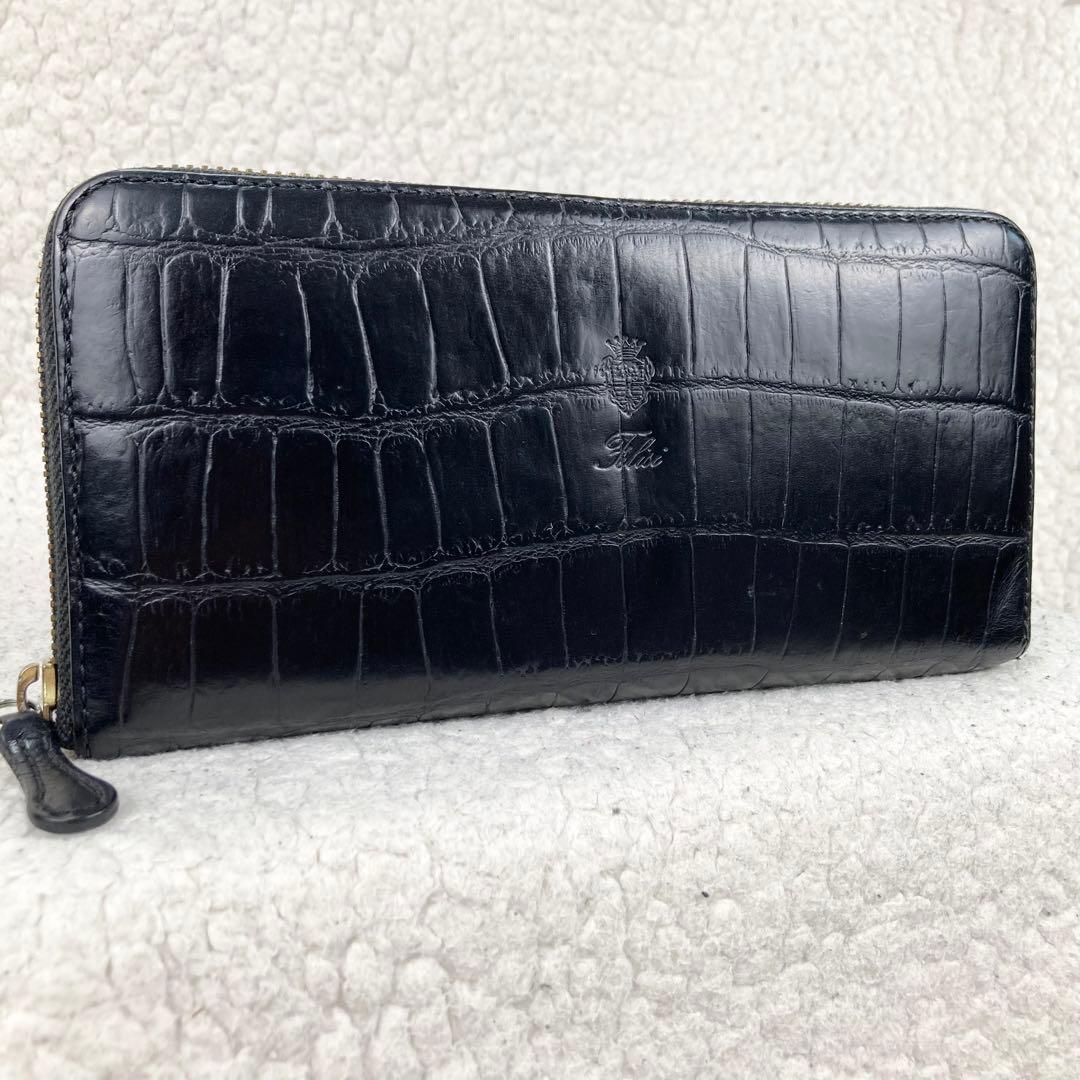 美品 フェリージ 長財布 クロコ型押 ラウンドジップ 黒 125 イタリア製