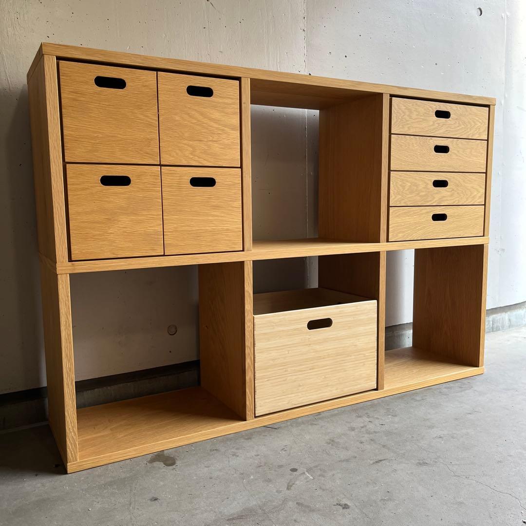 美品★無印 スタッキングシェルフセット・３段×２列・オーク材 チェスト２個竹箱付
