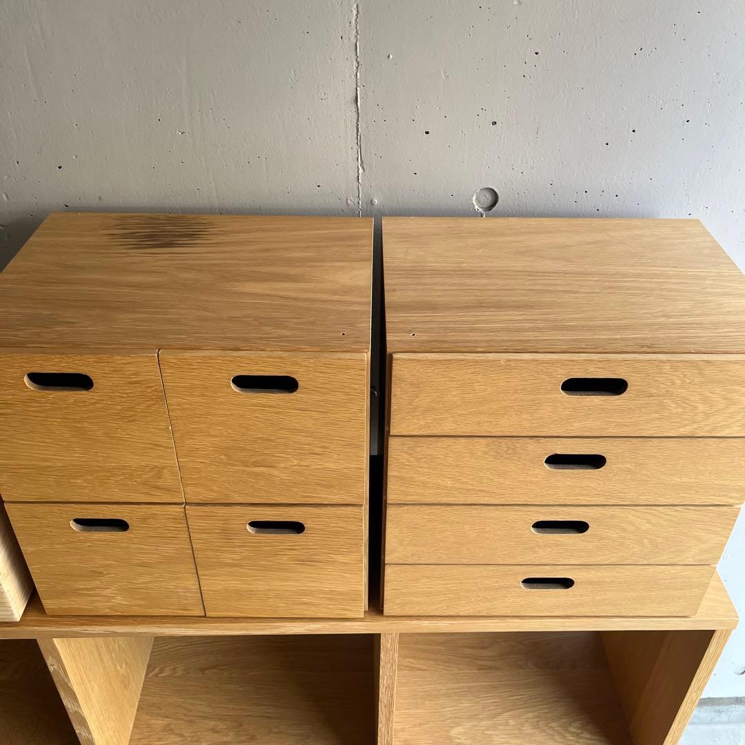 美品★無印 スタッキングシェルフセット・３段×２列・オーク材 チェスト２個竹箱付