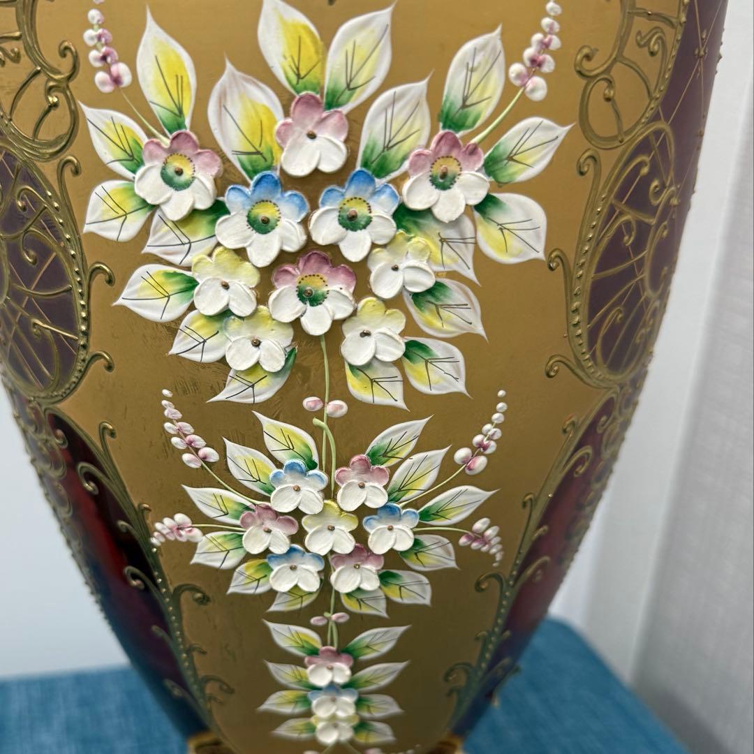 ベネチアングラス★フラワーベース 金色＆レッド チェコスロバキア 50㌢