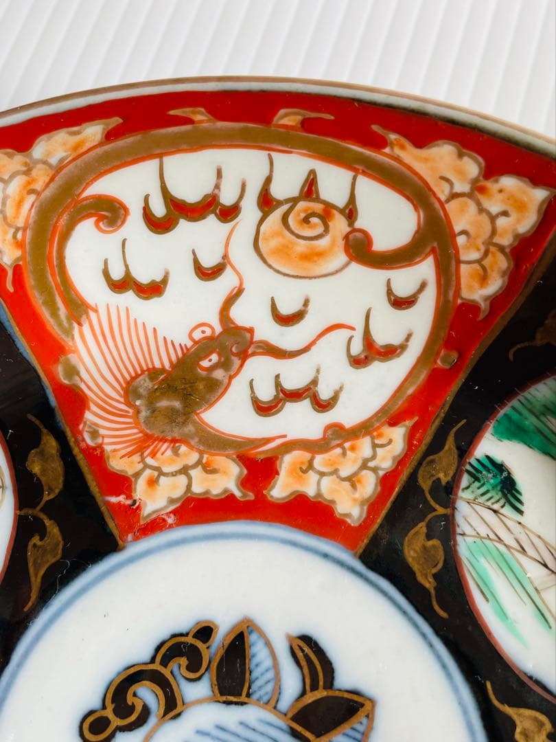 古伊万里染錦山水唐釣人図金彩雲龍文皿5枚セット