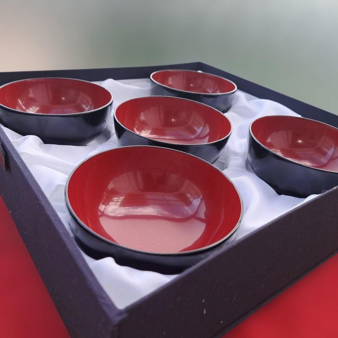 【輪島塗　布袋型\"汁椀×5客】布着本堅地　内朱　未使用品