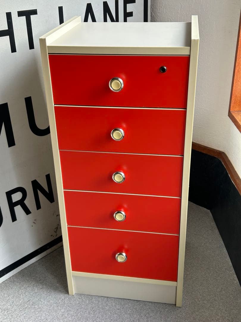 昭和レトロ　当時物　5段チェスト　引き出し　収納　オレンジ　レトロポップ　タンス