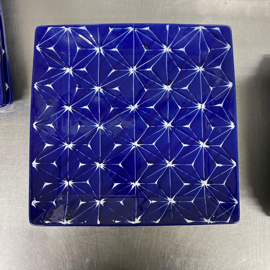 波佐見焼　ホワイトライン麻　スクエアプレートL 瑠璃 翔芳窯