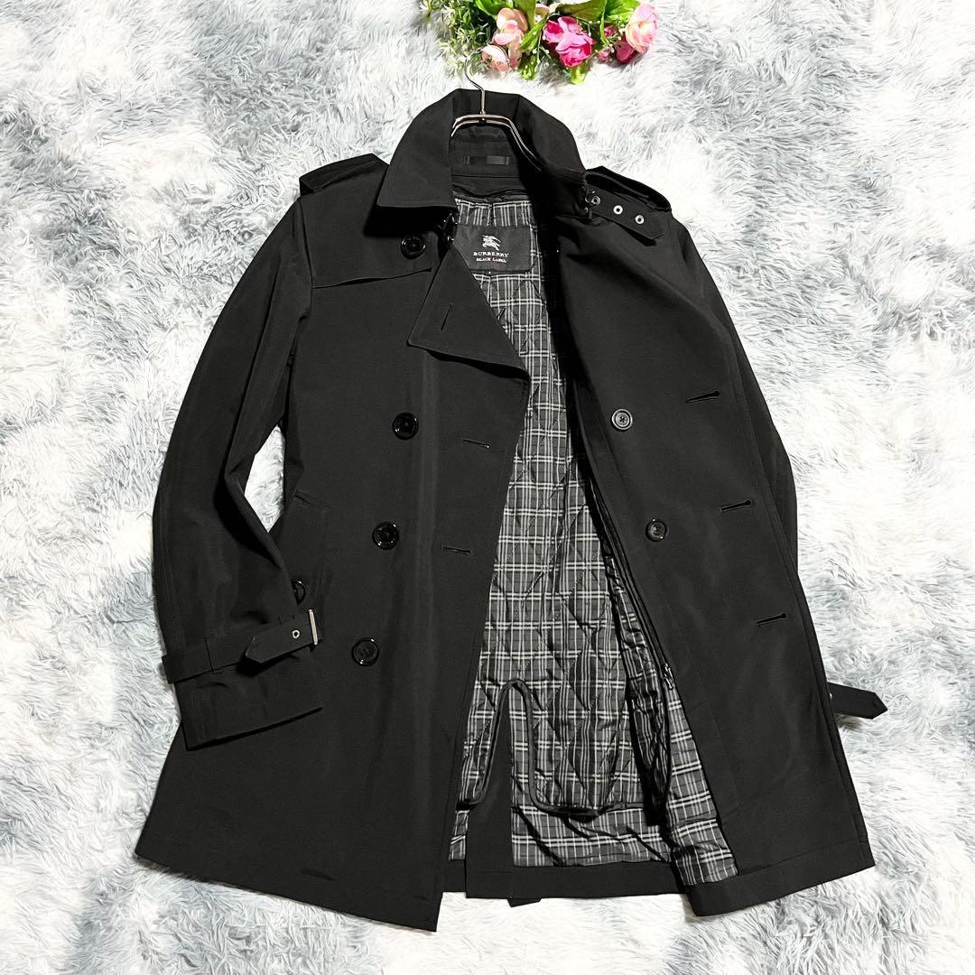 極美品　バーバリーブラックレーベル トレンチコート ライナー付 ベルト 黒 S