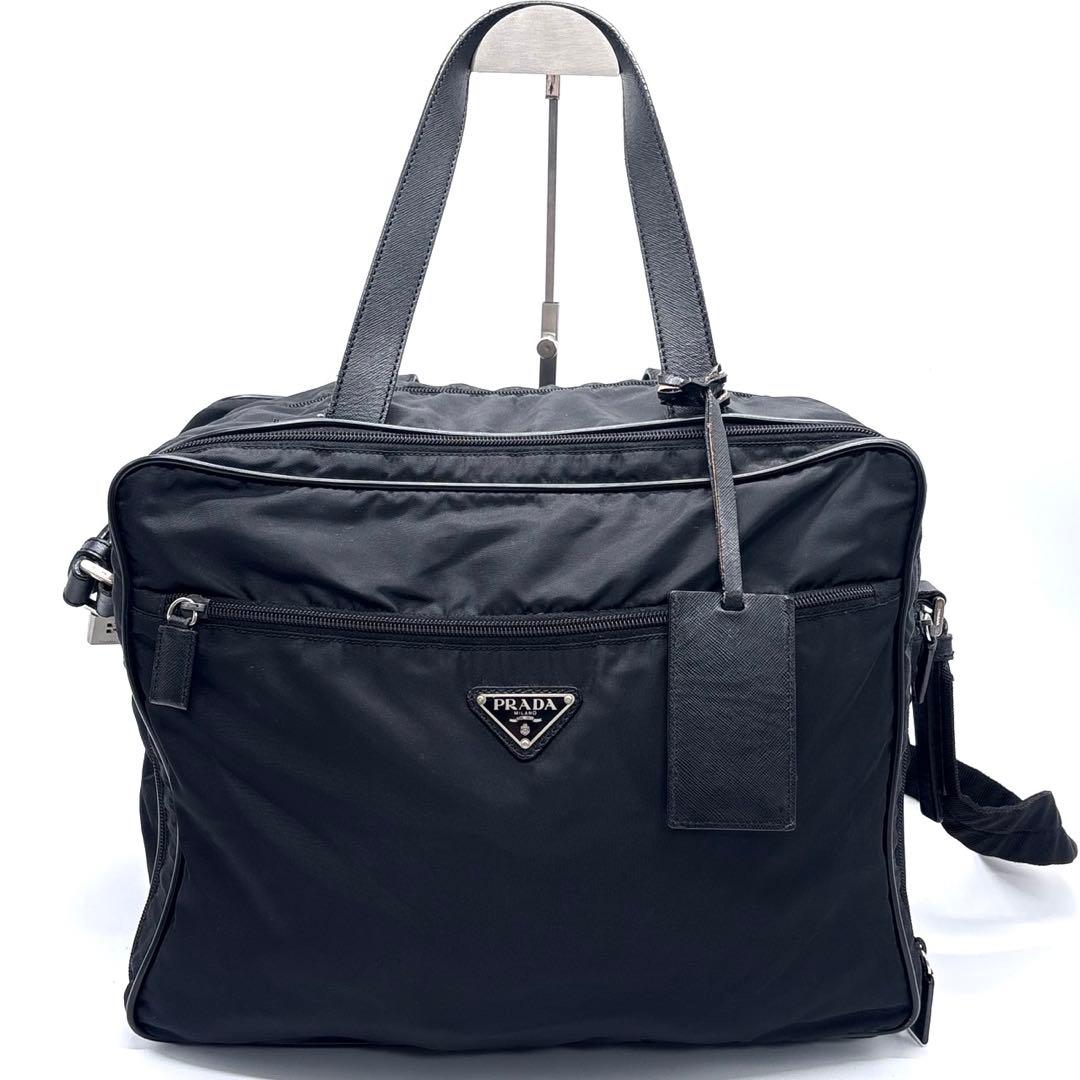 プラダ　ボストンバッグ　2way キャリー　大容量　パドロック　三角ロゴ　黒