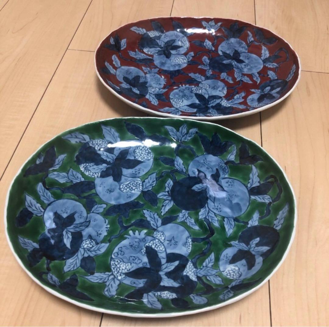有田焼　陶祥窯　大皿　盛り皿　飾り皿　オーバル　おもてなし　パーティ　緑　柘榴