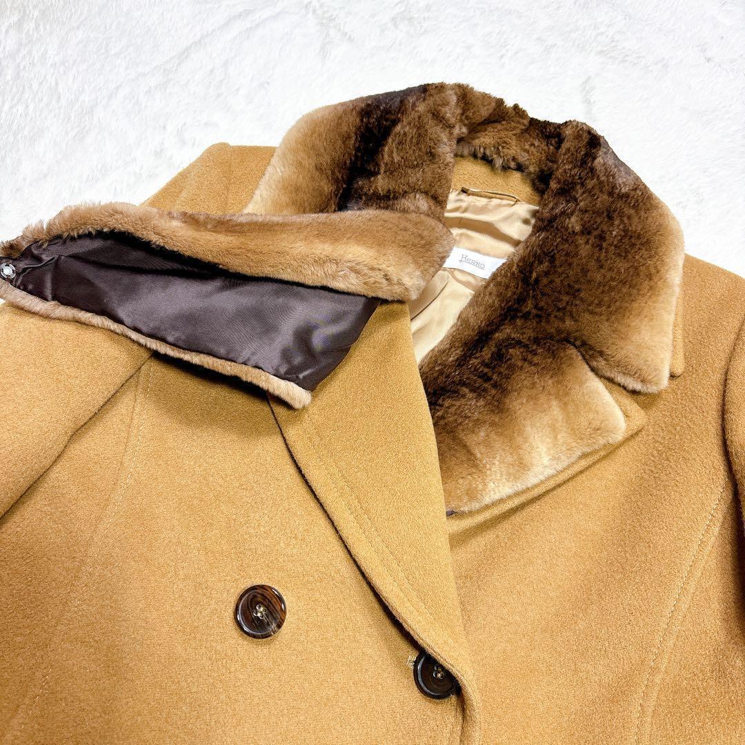 Herno ヘルノ キャメル ロングコート ファー付き 裏地 シルク