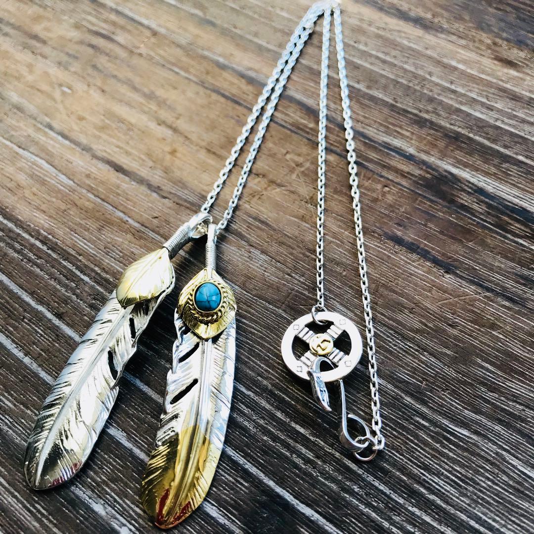 silver925 先金 金縄 ターコイズ 上金ハート フェザーネックレス