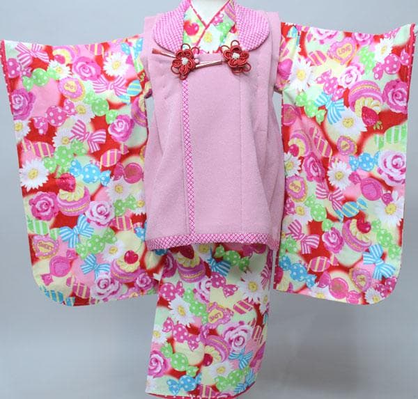 七五三 三歳 女児 被布着物フルセット 松田聖子 赤色×ピンク お仕立て無料