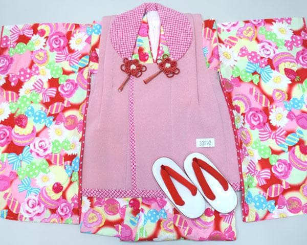 七五三 三歳 女児 被布着物フルセット 松田聖子 赤色×ピンク お仕立て無料