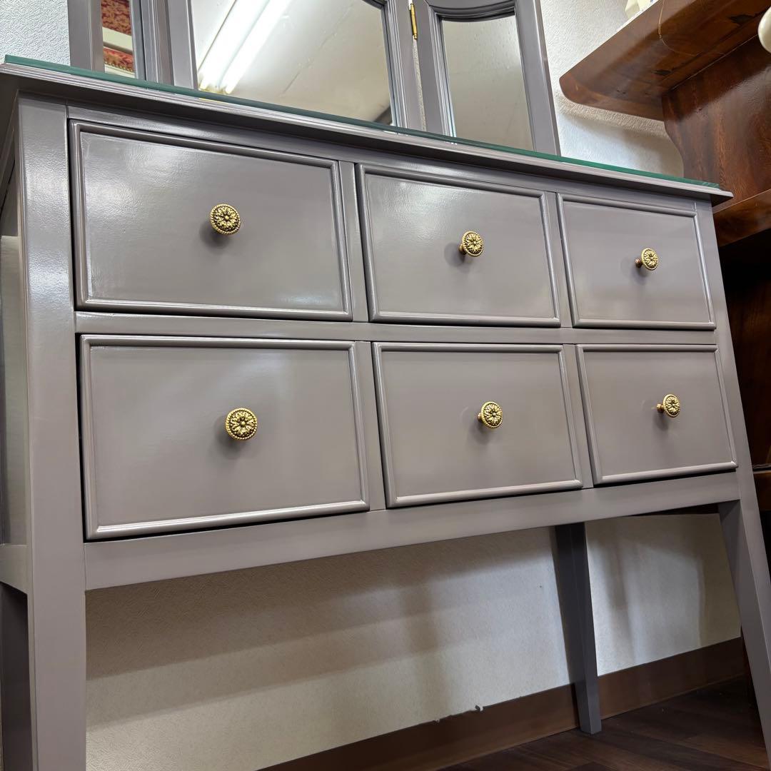 マホガニー材使用 グレーの木製ドレッサー 3面鏡付 高級 綺麗 開梱設置サービス