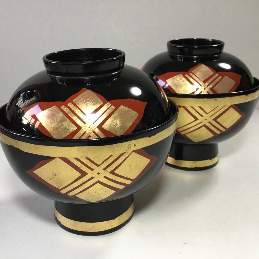 漆器◆秀衡塗？ 汁椀 2客◆漆塗 蓋椀 雑煮椀 金彩 木製 和食器 吸物椀