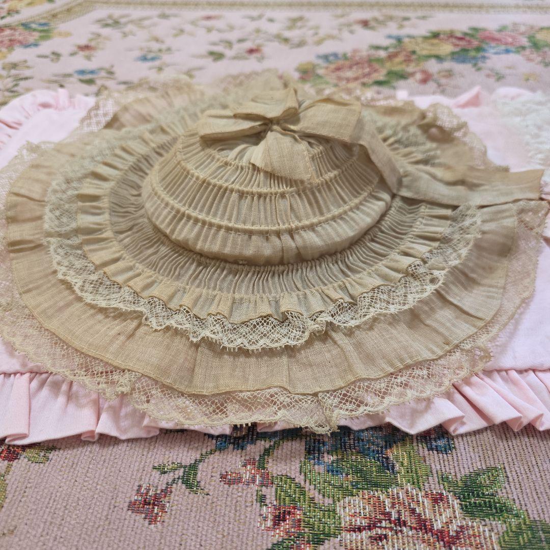 フランスアンティーク　ビスクドール　ボネハット　リネン　フリル　ジュモー　帽子