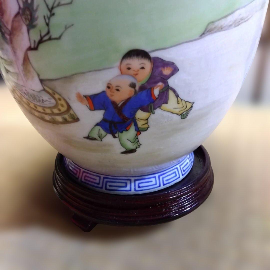 唐物　花瓶　陶磁器 花瓶 緑の持ち手 ドラゴン絵柄　唐子