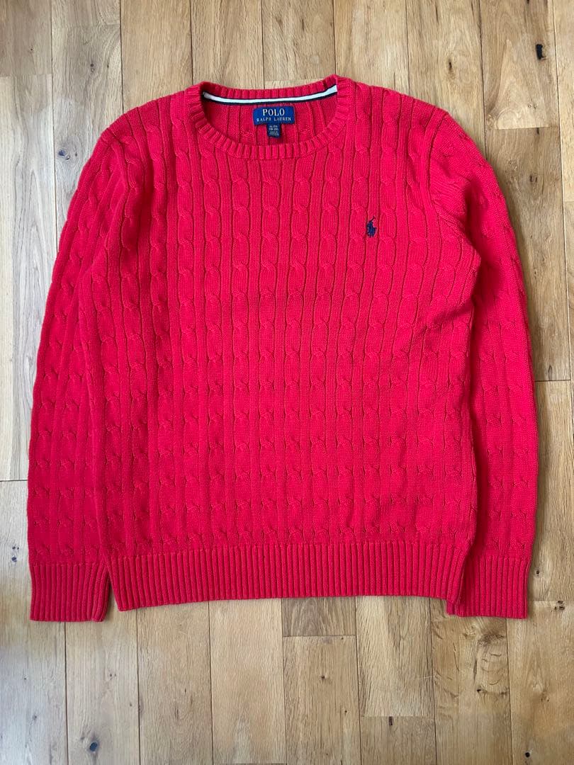 【極美品】ポロラルフローレン ケーブルクルーネック ニット 赤 コットン