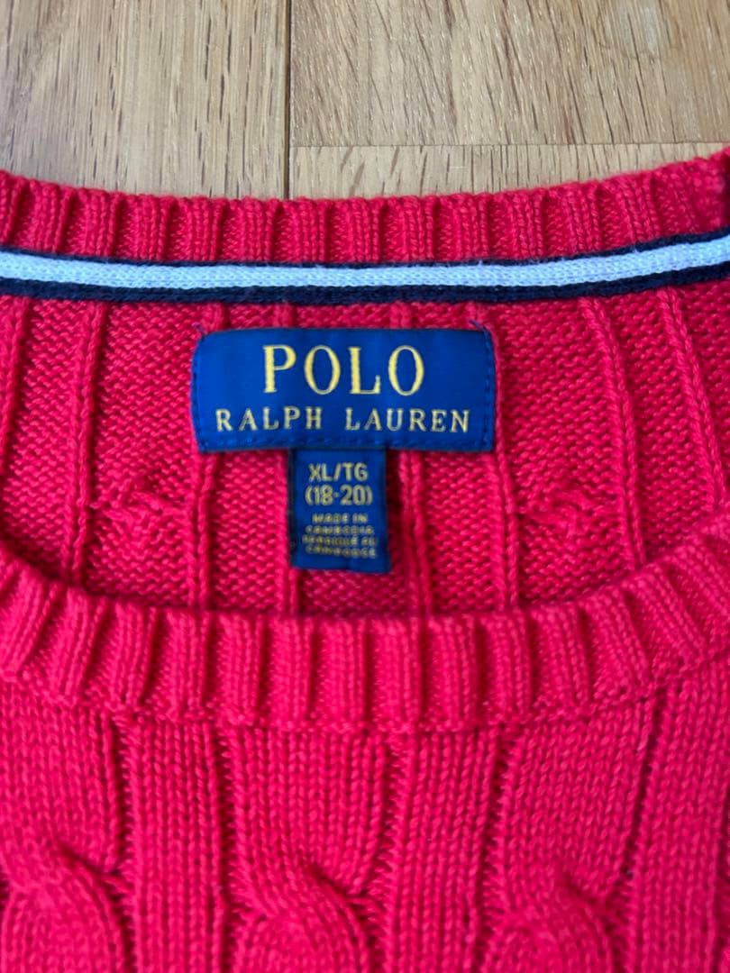 【極美品】ポロラルフローレン ケーブルクルーネック ニット 赤 コットン