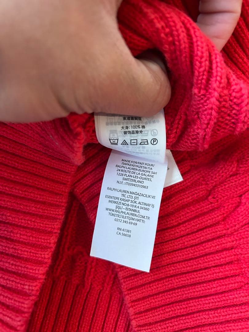 【極美品】ポロラルフローレン ケーブルクルーネック ニット 赤 コットン