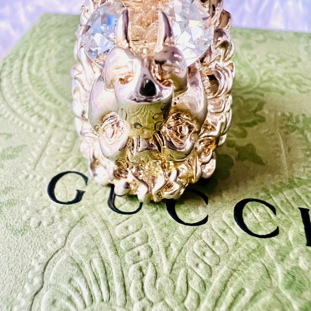 美品✨GUCCI　グッチ　リング　ライオンヘッド　ホワイトクリスタル　22号
