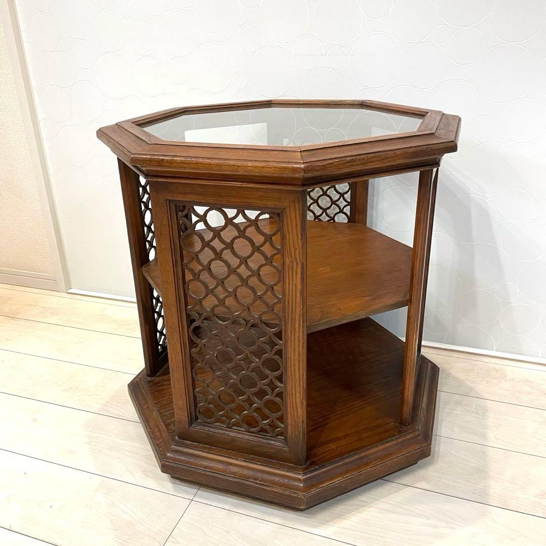 【希少】八角形 ガラス天板 サイドテーブル 高級 ヴィンテージ　キャスター付き