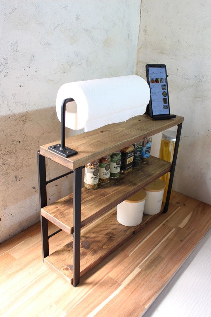 アイアンキッチンペーパーホルダー、スパイスラック、スマホスタンド